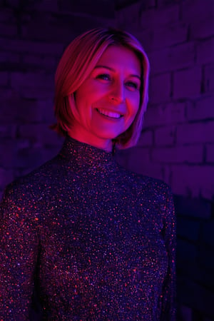 2_wome , blonde women,smiling,  50yo fiona bruce and 30yo mia malkova, french kiss in mouth,skin imperfections,navy and gold versace dress, grey eyes., dungeon, neon lighting, 90s vibe,  brick walls,  bokeh, (in the style of richard avedon), (kodakchrome, analogue, film grain:1.2), light leak, shallow depth of field, RAW