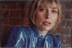 2_women, , blonde women, fiona bruce,50 years old, french kiss in mouth,skin imperfections,vintage  latex dress, grey eyes., dungeon, artificail lighting, 60s vibe, ( Hollywood, blonde, 1960s, California), brick walls,  bokeh, (in the style of Robert frank), (Polaroid, analogue, film grain:1.2), light leak, shallow depth of field, RAW