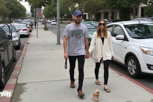  paparazzi telephoto lens, celebrity couple walking their tiny chihuahua:1.1 on a leash on a sidewalk in beverly hills, late afternoon. The man is wearing a worn graphics tee, woman is wearing a yoga pants and a white cardigan and sandals. Parked cars on the side.  shot on a mobile phone



