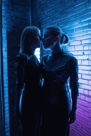 2_wome , blonde women, fiona bruce, and mia malkova,50 years old, french kiss in mouth,skin imperfections,vintage  latex dress, grey eyes., dungeon, neon lighting, 90s vibe,  brick walls,  bokeh, (in the style of moebius), (Polaroid, analogue, film grain:1.2), light leak, shallow depth of field, RAW