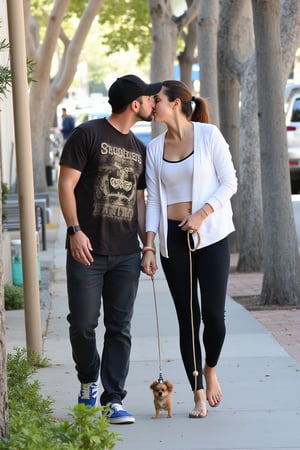  paparazzi telephoto lens, celebrity couple kissing as walk their tiny chihuahua:1.1 on a leash on a sidewalk in beverly hills, late afternoon. The man is wearing a worn graphics tee, woman is wearing a yoga pants and a white cardigan and sandals. Parked cars on the side.  shot on a mobile phone



