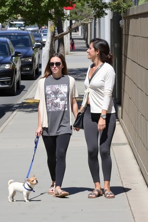  paparazzi telephoto lens, celebrity couple kissing as walk their tiny chihuahua:1.1 on a leash on a sidewalk in beverly hills, late afternoon. The man is wearing a worn graphics tee, woman is wearing a yoga pants and a white cardigan and sandals. Parked cars on the side.  shot on a mobile phone



