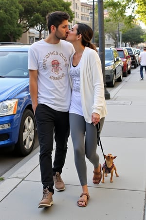  paparazzi telephoto lens, celebrity couple kissing as walk their tiny chihuahua:1.1 on a leash on a sidewalk in beverly hills, late afternoon. The man is wearing a worn graphics tee, woman is wearing a yoga pants and a white cardigan and sandals. Parked cars on the side.  shot on a mobile phone



