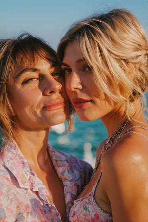 2_girls, posing, blonde women,, fiona bruce,50 years old, french kiss. mouth,skin imperfections, tan lines, grey eyes., bar, golden hour, natural lighting, 60s vibe, (hippy, Hollywood, blonde, 1960s, California), beach bar, summer of love, bokeh, (in the style of Robert frank), (Polaroid, analogue, film grain:1.2), light leak, shallow depth of field,