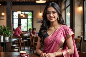 (masterpiece, best quality, ultra-detailed, 8K),high detail, realisitc detailed,
a beautiful young girl with long flowy black hair over shoulders in the dark, pink sari outfits, brown eyes, pale soft skin, kind smile, glossy lips, a serene and naughty mood, wearing glasses, setting in coffee shop,