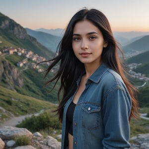 (masterpiece, best quality, ultra-detailed, 8K),high detail, realisitc detailed,
a beautiful young girl with long flowy black hair over shoulders in the dark, jeans outfits,   brown eyes, pale soft skin, kind smile, glossy lips, a serene and contemplative mood, setting on the top of the mountain, some people walking in the street. making Victory Hand Gesture,