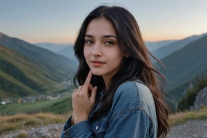 (masterpiece, best quality, ultra-detailed, 8K),high detail, realisitc detailed,
a beautiful young girl with long flowy black hair over shoulders in the dark, jeans outfits,   brown eyes, pale soft skin, kind smile, glossy lips, a serene and contemplative mood, setting on the top of the mountain, some people walking in the street. making Victory Hand Gesture,