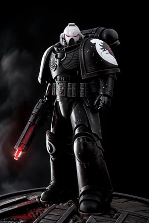 Warhammer 40k Space Marine, standing on piles if bodies, ((Raven Guard)),SpaceMarine1024, ((Black Armor)), red and white accents on armor, silver sigil on chest, (white helmet), ((red eyes, glowing eyes)), (dark scene), red accent on shoulder pads