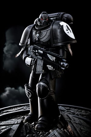 High quality, 8k, Warhammer 40k Space Marine, standing on piles of bodies and battlefield debris, grand cathedral in the background, dark scene, ((Raven Guard)),SpaceMarine1024, ((Black Armor)), red and white accents on armor, knife and pistol in each hand, silver sigil on chest, (white helmet), red eyes, glowing eyes, (dark scene), red accent on shoulder pads, no graphics on knees