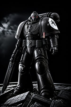 High quality, 8k, Warhammer 40k Space Marine, standing on piles of bodies and battlefield debris, grand cathedral in the background, dark scene, ((Raven Guard)),SpaceMarine1024, ((Black Armor)), red and white accents on armor, knife and pistol in each hand, silver sigil on chest, (white helmet), red eyes, glowing eyes, (dark scene), red accent on shoulder pads, no graphics on knees