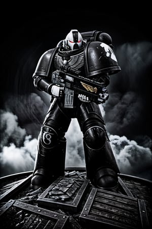 High quality, 8k, Warhammer 40k Space Marine, standing on piles of bodies, battlefield scene, dark scene, ((Raven Guard)),SpaceMarine1024, ((Black Armor)), red and white accents on armor, silver sigil on chest, (white helmet), red eyes, glowing eyes, (dark scene), red accent on shoulder pads, no graphics on knees