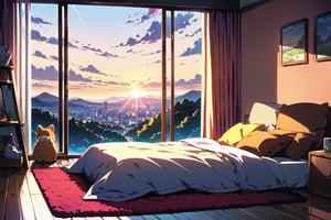 anime background, perfect light, excellent quality, landscape, beautiful feminine room with a screen in the background with anime, pink walls, colorful,  bed on the edge with many stuffed animals and colorful pillows, wooden floor, furry carpet,  haruhizaka, scenery, kitakoumae, many light