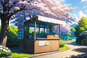 anime background, perfect light, excellent quality, beautiful park, grass, ice cream stand, flowers, clear blue sky, bright day, clear sky  haruhizaka, scenery, kitakoumae,