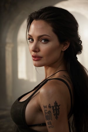 hyperrealistic photo of Angelina Jolie in a classic scene from the movie "Tomb Raider", with an adventurous and fearless look. She is in an exotic setting, with an atmosphere of action and mystery. The image should have a cinematic style, with focus on the actress, her adventurous look, and the atmosphere of the movie.  The image has 8K resolution, sharp details, realistic textures, and vivid colors.