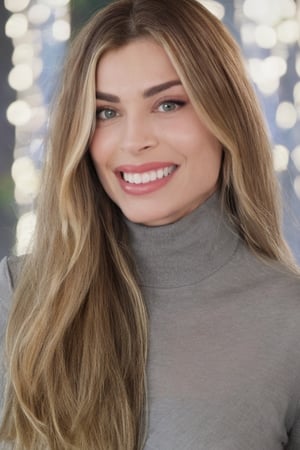 Close up of gr4z1m4ss4f3r4 woman, detailed face smiling, (light bokeh)+, gray turtleneck blouse