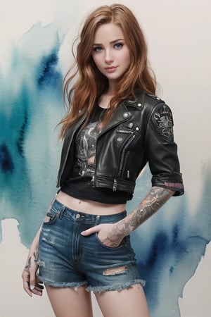 (masterpiece, high quality, 8K, high_res), ((ink drawning and watercolor wash)), grunge style, mystic embience, ultra detailed illustration, incredibly beautiful young woman, ginger hair, green eyes, black leather jacket with punk patches, loose V-neck T-shirt, worn out old jeans, skater sneakers, rock bar background, vampire elements, gothic detailes, relax poses. ,portraitart