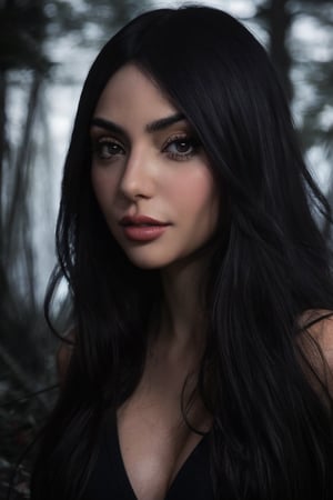 Hyper realistic full body RAW photo of Nyvi Estephan, realistic and detailed face, realistic eyes, realistic skin texture, Nyvi Estephan looking terrified, running from a creature of darkness in a spooky forest.  Cinematic style.