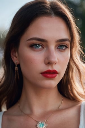 beautiful girl, fashion, earring, necklace, red lipstick, detailed pale skin, light blue eyes, photo, 8k, HD. Photography, ((realism)), extremely high quality RAW photography, ultra detailed photography, sharp focus, high resolution, (detailed skin: 1.3), high quality, film grain, Fujifilm XT3, highly detailed, film, ( cinematic photo: 1.3 ) by (Realistic:1.3)