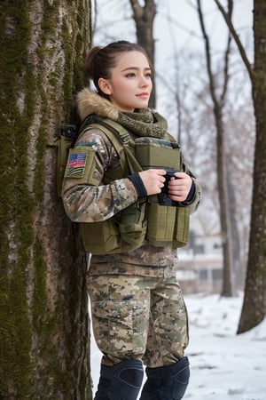 (photorealistic), beautiful lighting, best quality, realistic, full body portrait, real picture, intricate details, depth of field, 1girl, in a cold snowstorm, A very muscular solider girl with haircut, wearing winter camo military fatigues, camo plate carrier rig, combat gloves, (magazin pouches), (kneepads), highly-detailed, perfect face, blue eyes, lips, wide hips, small waist, tall, make up, tacticool, Fujifilm XT3, outdoors, bright day, Beautiful lighting, RAW photo, 8k uhd, film grain, ((bokeh))