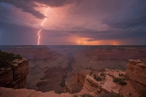 photo of the grand canyon during a lightning storm at sunset, high quality photograph, landscape photography, highly detailed, 8k resolution, analog, portra 800 film, plik, dramatic sunset