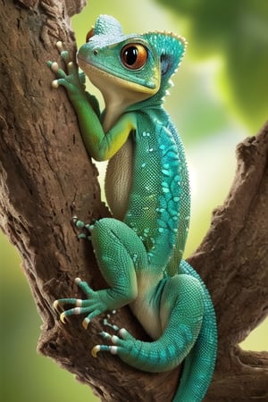 (best quality, 8K, highres, masterpiece), ultra-detailed, (character design, creature design, concept art), cute gecko with big eyes and chameleon-skin, featuring adorable cat paws. The whimsical combination of features results in a charming and imaginative portrayal of this fantastical creature.