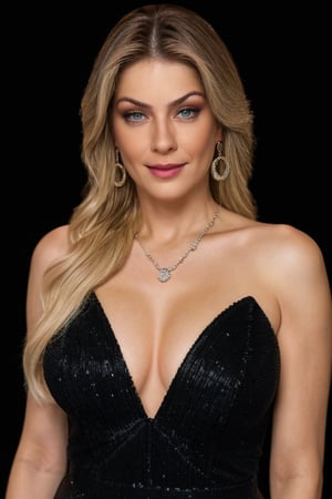 Hyper realistic full body RAW photo of Renata Fan, realistic and detailed face, realistic eyes, realistic skin texture, Renata Fan at a gala event, wearing a long, sparkling black dress, with a diamond necklace and earrings. She has an elegant and confident expression. Cinematic style.