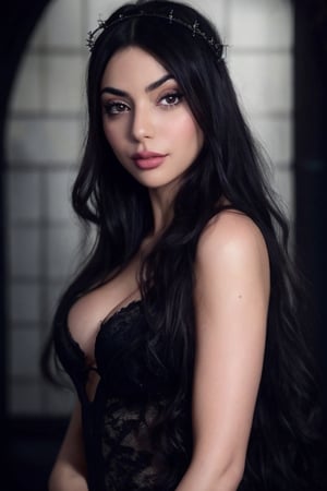 Hyper realistic full body RAW photo of Nyvi Estephan, realistic and detailed face, realistic eyes, realistic skin texture, Nyvi Estephan in a dark and mysterious gothic setting, wearing a black lace dress and a crown of thorns.  Cinematic style. 