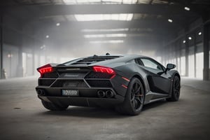 side shot of lamborghini in a dimly lit warehouse in the fog, high quality photo, lens flare, bokeh, 8k resolution, gobo lights, warm ambient light, volumetric light, neon lights, depth of field, analog, atmosphere nebula, side photo