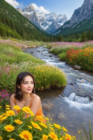 (best quality,8k,highres,masterpiece:1.2), photorealistic, ultra-detailed, vibrant photography of a woman in nature, cute smile,dramatic lighting,finely detailed beautiful eyes,fine detailed skin,Natural scenery,majestic landscape,colorful flowers,distant mountains,flowing rivers,melting sunset,serene atmosphere,dazzling sunlight,blissful vibes,freckled face,luscious greenery,soft breeze,ethereal beauty,photo real.