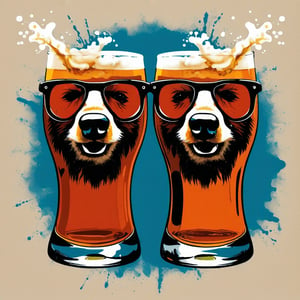 Image of a 2 beer glass overflowing with beer, overlaid with the face of a bear wearing sunglasses, creating a humorous and unexpected composition. , Vintage T-shirt, colorful Color Palette, Distressed Texture, Sketch Style, Horizon Perspective ,T shirt design,TshirtDesignAF,cartoon logo,sticker