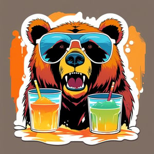 Image of a juice glass overflowing with juice, overlaid with the face of a bear wearing sunglasses, creating a humorous and unexpected composition. , Vintage T-shirt, colorful Color Palette, Distressed Texture, Sketch Style, Horizon Perspective ,T shirt design,TshirtDesignAF,cartoon logo,sticker