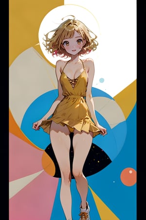 1girl, solo, full body, standing, tall, tight, front view, masterpiece, best quality, very aesthetic, short hair, blushing, happy face, short side-tie dress, diagonal bangs, orange eyes, blonde hair, breasts, cleavage, bare arms, thighs,short yellow dress, sleeveless, spaghetti strap, sneakers, thigh gap, pink inner hair, Comix_style, bright colors, more,detail,element