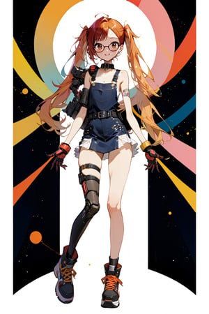 1girl, solo, standing, full body, tall, long twintails, orange hair, red inner hair, diagonal bangs, red eyes, happy face, blushing, glasses, small breasts, tight, sleeveless, miniskirt overall, cleavage cutout, punk belts, sneakers boots, thigh gap, mechanical arm, single mechanical arm, very aesthetic, masterpiece, best quality, absurdres, Comix_style, bright colors, more,detail,element