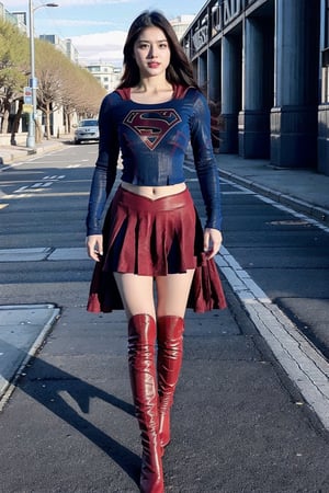 supergirl,long hair,Red over-the-knee boots，18 years old，Huge chest，Blue Supergirl Uniform，Standing in the middle of the road，Red boots，Supergirl's tights，Red cape，Brightly dressed,full body,black hair