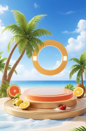 3D\(hubgstyle)\,
a round podium on the beach in the middle, palm trees, ocean, clear sky, clouds, tropical fruits on the podium, 

professional 3d model, anime artwork pixar, 3d style, good shine, OC rendering, highly detailed, volumetric, dramatic lighting, 