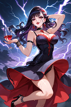 score_9, score_8_up, score_7_up, score_6_up, rating_explicit, score_9, score_8_up, score_5_up, score_4_up, masterpiece, anime, best quality, 
a female vampire (Dancing: 1.3) in the rain during lightning storm, Goth Art, Dark Fantasy Art, glamorous (vampire: 1.5) Model shoot, born, award winning picture of a female vampire, Dynamic Hair Color, Dynamic Hairstyle, Pale skin, whole body, Busty women, (The most beautiful face: 1.3), (Super detailed face: 1.2), Long Hair, Wavy Hair, Pale skin, Wet Hair,  Wearing a lace dress, Wet Dress, Dynamic Color, Dynamic style dress, (Dress with attention to detail: 1.3), Wearing complex high heels, Light makeup, Modern high society city (lightning: 1.3) heavy rain, A sense of glory in the storm, (Anatomically correct: 1.4), (whole body shot: 1.1) , Vibrant, 超High resolution, High Contrast, (masterpiece:1.5), Highest quality, Best aesthetics), Best details, Highest quality, High resolution, Ultra Wide Angle, 16K, [Super detailed], masterpiece, Highest quality, (Very detailed), Strong gaze, Goth, Dark person