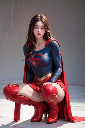 Supergirl, Red knee-high heel boots, Supergirl's tight uniform, Red miniskirt, The red cloak, White background, Whole body, Giant chests, Chinese girl, full body, Red knee-high heel boots, Supergirl even wears the system,Half squatting on the ground