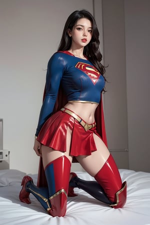 1girl, long black hair,supergirl,wearing Supergirl's blue tight uniform,perfect,red Boots higher than knees,Red miniskirt,Red long cape,full body,Bright colors,Bright red Boots, red miniskirt,Boots over the knee,Clothes are tied to skirts,Red miniskirt,Female model posen,Red over-the-knee pointed high-heeled boots,full body,full body,tall girl,long boots,Red long cape,Boots longer than legs,Don't show belly,Extremely long tip boots,red skirt,full body,supergirl's tight suit,can't show your knees,can't show belly button,Must be a long red cloak and a red miniskirt,Boots must exceed the knee,The skirt and uniform have Supergirl's gold belt at the connection,full body,Pure white background,black long hair,Female masturbationKneeling on the bed and masturbating