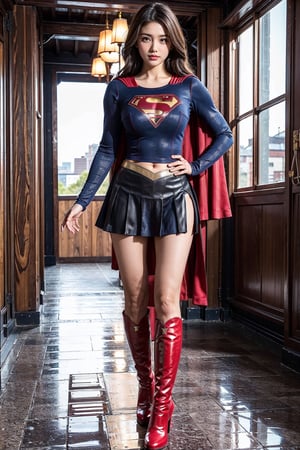 1girl, long black hair,supergirl,wearing Supergirl's blue tight uniform,perfect,red Boots higher than knees,Red miniskirt,Red long cape,full body,Bright colors,Bright red Boots, red miniskirt,Huge chest,Boots over the knee,Clothes are tied to skirts,Red miniskirt,Female model posen,Red over-the-knee pointed high-heeled boots,full body,running in the middle of the road,full body,tall girl,long boots,Red long cape,Boots longer than legs,Chinese supergirl,18years old,Don't show belly,Extremely long tip boots,red skirt,full body,supergirl's tight suit,Don't show knees,Knees wrapped in boots,strong girl,Pointy high-heeled boots,thin high heels,Uniforms and skirts are connectedUniforms and skirts are connected,Don't show your stomach,nude