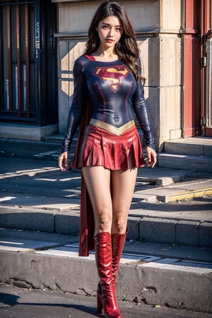 1girl, long black hair,supergirl,wearing Supergirl's blue tight uniform,perfect,red Boots higher than knees,Red miniskirt,Red long cape,full body,Bright colors,Bright red Boots, red miniskirt,Huge chest,Boots over the knee,Clothes are tied to skirts,Red miniskirt,Female model posen,Red over-the-knee pointed high-heeled boots,full body,running in the middle of the road,full body,tall girl,long boots,Red long cape,Boots longer than legs,Chinese supergirl,18years old,Don't show belly,Extremely long tip boots,red skirt,full body,supergirl's tight suit,Don't show knees,Knees wrapped in boots,strong girl,Pointy high-heeled boots,thin high heels,Uniforms and skirts are connectedUniforms and skirts are connected,Don't show your stomach,nude