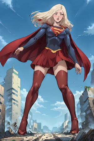 giantess, Destroy the city, Female masturbation, Trampling the city, the ground is full of ruins, a thousand times the female giant, giantess, mini city,giga size,giantess, Girl with Long Hair (Supergirl) ,supergirl,full body,bodysuit, long sleeves, red cape, red skirt, red high, heels thigh bootsfull body,giantess