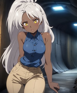 Brown skin beautiful sexy anime girl with long silver hair & yellow eyes, wearing blue sleeveless button up collared shirt & beige khaki pants inside of a underground futuristic maintenance tunnel