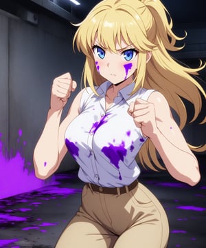 beautiful sexy blonde anime girl with long blonde hair & blue eyes, clenching her fists, fight idle pose, wearing white sleeveless button up collared shirt & beige khaki pants, covered in purple blood, abandoned parking garage covered in purple blood at night time, 1girl