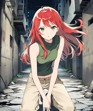 sexy redhead teenage anime girl with long red hair and green eyes, serious facial expression, wearing a dark green sleeveless crop top & beige khaki pants, in a abandoned urban dark alley in a dark night sky, 1girl