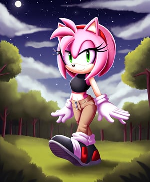 amy rose, sonic the hedgehog \(series\), red headband, short hair, forest, night, clouds, black shoes, gloves, black sleevless crop top, khaki pants, solo, 1girl