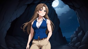beautiful sexy anime girl with long brown hair & a muscular body, wearing white sleeveless button up collared shirt with a blue vest over it & beige khaki pants, inside of a dark cave in a dark night sky, 1girl
