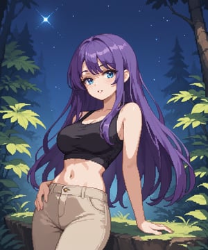 beautiful sexy anime girl with long purple hair & blue eyes, wearing black sleeveless crop top & beige khaki pants, in a enchanted forest in a dark night sky, 1girl