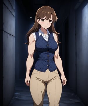 beautiful sexy anime girl with long brown hair & having a muscular body, wearing white sleeveless button up collared shirt with a blue quilted vest over it & beige khaki pants, in a abandoned urban dark alley in a dark night sky, 1girl