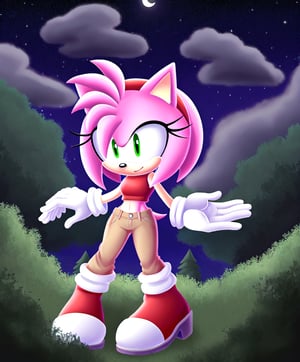 amy rose, sonic the hedgehog \(series\), red headband, short hair, forest, night, clouds, boots, gloves, black sleevless crop top, khaki pants, solo, 1girl