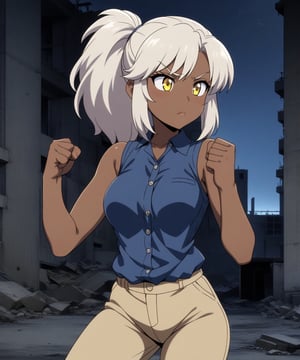 Brown skin beautiful sexy anime girl with long silver hair & yellow eyes, clenching her fists, fight idle pose, wearing blue sleeveless button up collared shirt & beige khaki pants, in a abandoned urban construction site in a dark night sky, 1girl